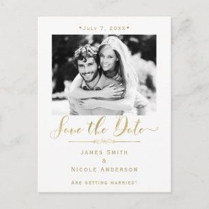 Weiß & Gold Foto Moderne Hochzeit "Save the Date" Ankündigungspostkarte