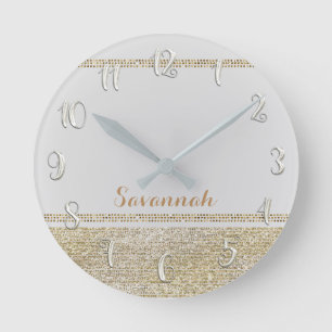 Weiß & Gold Modern Glamour Girl Pailletten Glitter Runde Wanduhr