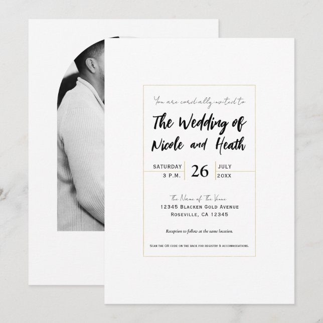 Weiß & Gold Moderne Minimal Hochzeit Einladung (Vorne/Hinten)
