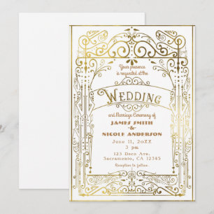 Weiß & Gold Vintage Viktorianischer Deco Hochzeit Einladung