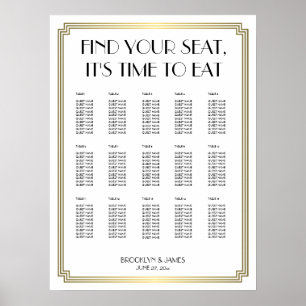 Weiß-goldener Art Deco-Hochzeit Sitzplan Poster