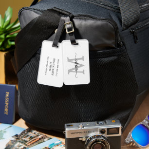 Weiß Grau Schwarz Monogramm Schrift Name Telefon N Gepäckanhänger