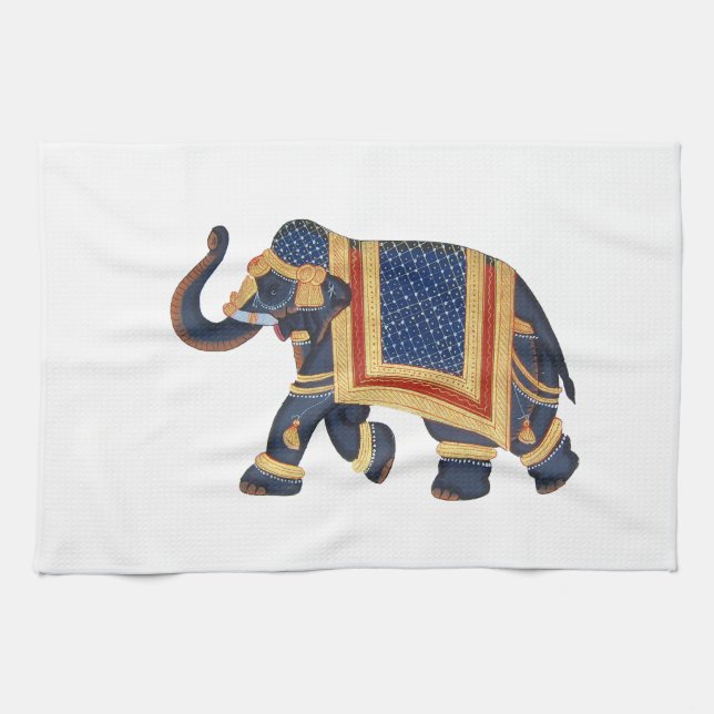 Weiß-graues Gold Rot Elephant India Style Geschirrtuch (Horizontal)