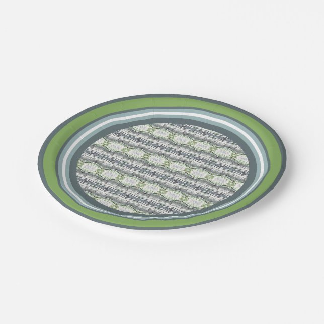 Weiß, grün, grau und blau pappteller (Schrägansicht)