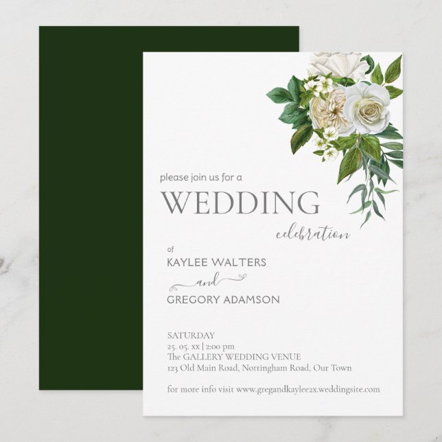 Weiß grüne rustikale Rose Hochzeit einladen Vorlag Einladung (Vorne/Hinten)