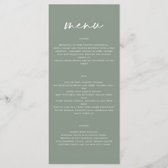 Weiß grünes, elegantes Hochzeitsmenü Menükarte (Vorderseite)