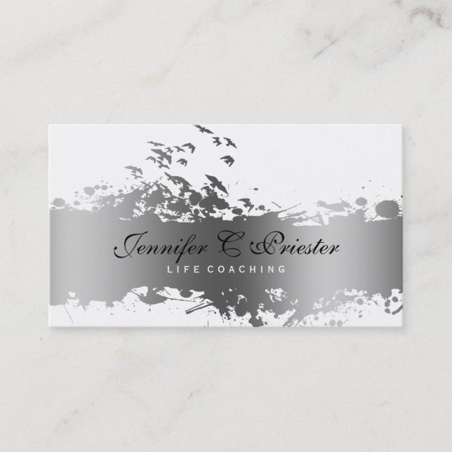 Weiß & Grunge Silver Strip & Flying Birds Visitenkarte (Vorderseite)
