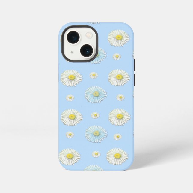 Weiß & hellblau Daisy Muster iPhone 13 Mini Hülle (Rückseite)