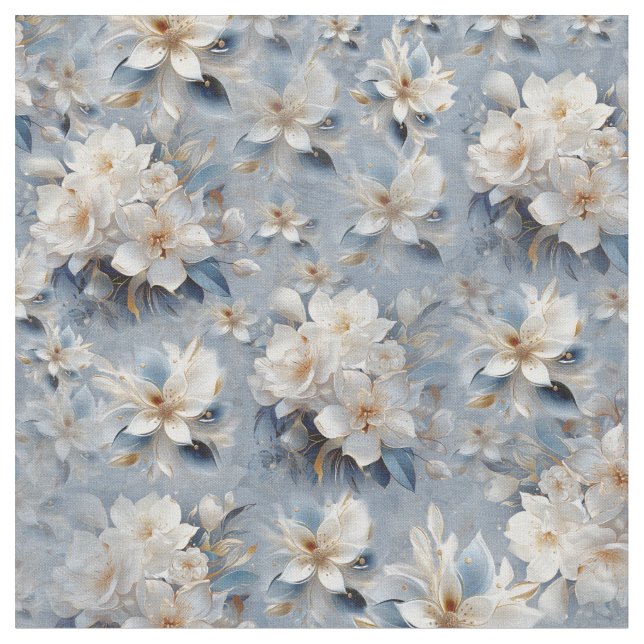 Weiß & hellblau Silky-Blume wiederholen Stoff (Nahaufnahme)