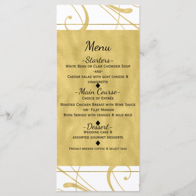 Weiß & Imitate Goldene Blütenwirbel Chic Wedding M Menükarte (Vorderseite)