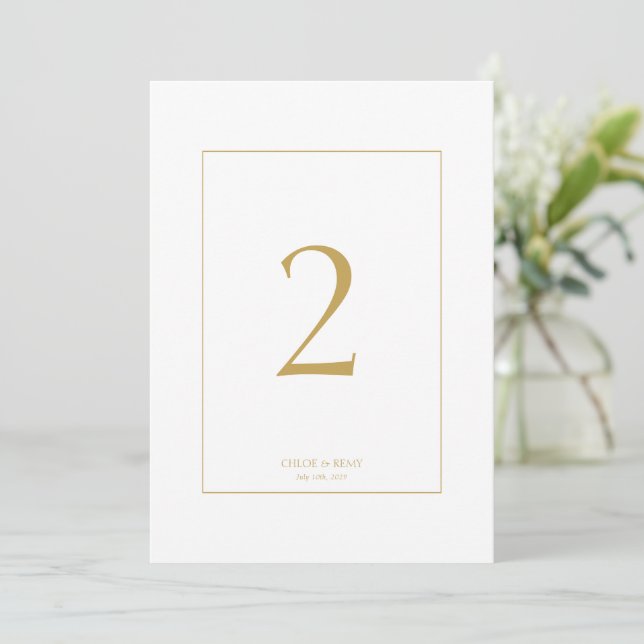 Weiß | Imitation von Gold Frame Wedding Tischnumme (Stehend Vorderseite)