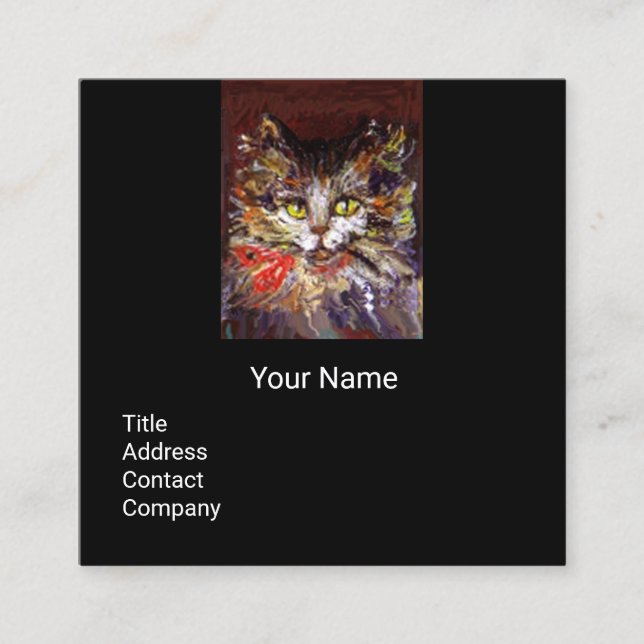 WEISS-KITTKETTENPORTRAIT, ROT-RIBBON-Schwarz Quadratische Visitenkarte (Vorderseite)