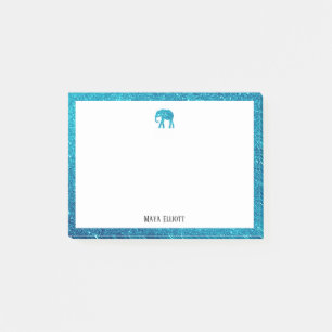 Weiß mit Aquamarinem Glitzer Elephant & Border mit Post-it Klebezettel