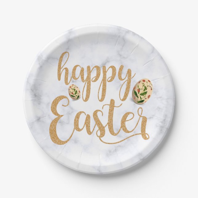 Weiß mit Gold Glitzer Happy Oaster | elegant Pappteller (Vorderseite)