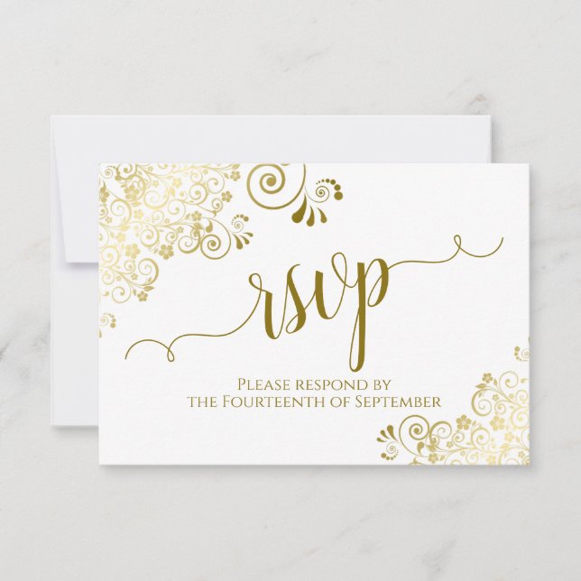 Weiß mit Gold Lace Elegante kalligraphische Hochze RSVP Karte (Vorderseite)