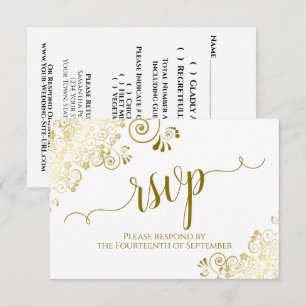 Weiß mit Gold Lace Elegante kalligraphische Hochze RSVP Karte