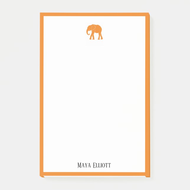 Weiß mit/hell orange Elefant & Grenze + Name Post-it Klebezettel (Vorderseite)