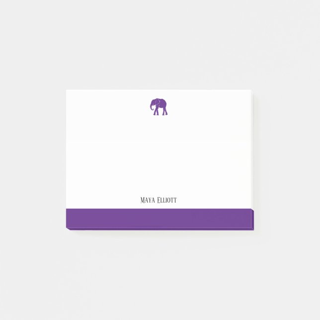 Weiß mit Lila Elefant & Border & Name Post-it Klebezettel (Vorderseite)