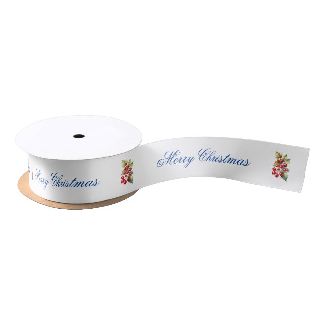 Weiß mit Red Holly Berries Gift Wrapping Satinband (Spule)