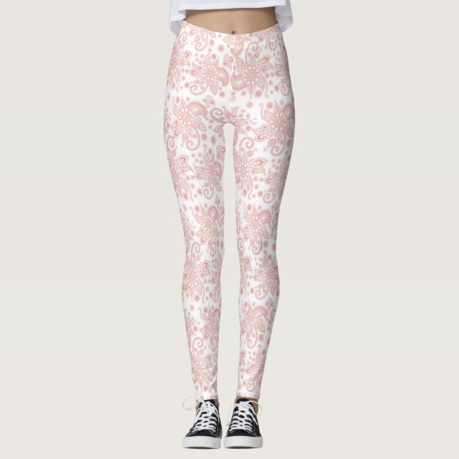 Weiß mit rosa, floralfarbenes Muster Leggings (Vorderseite)