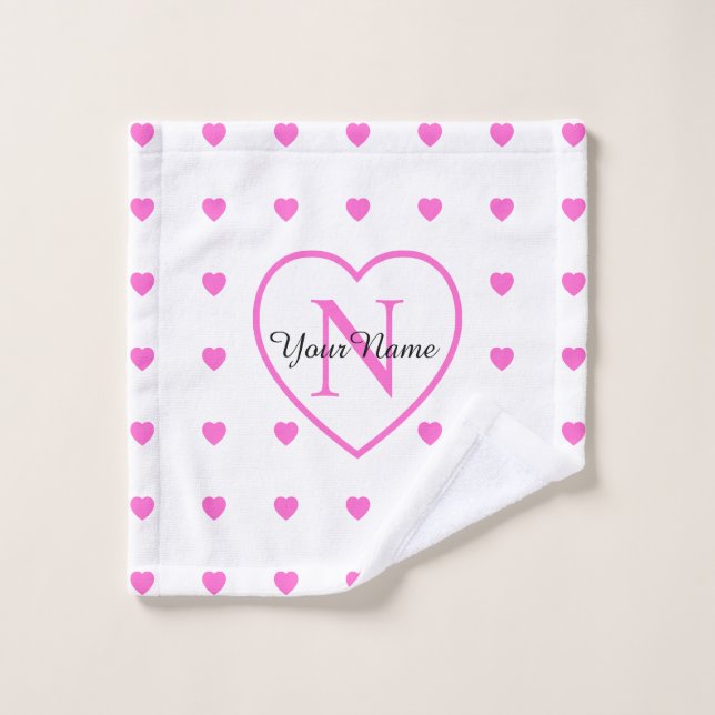 Weiß mit rosa Herzen und Mit Monogramm Herz Waschlappen (Waschlappen)