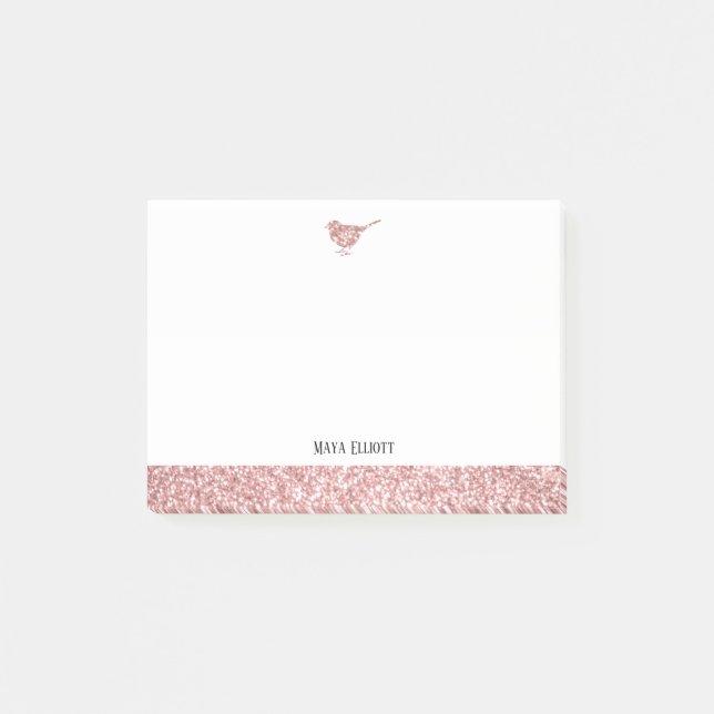 Weiß mit Rose Gold Imitate Glitzer Bird & Border Post-it Klebezettel (Vorderseite)