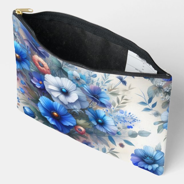 WEISS MIT SCHATTEN BLAUER WASSERFARBEN BLUME ZUBEHÖRTASCHE (Offen)