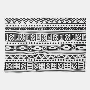 Weiss mit schwarzem tribalem Ikat-Nahtlosmuster Geschirrtuch