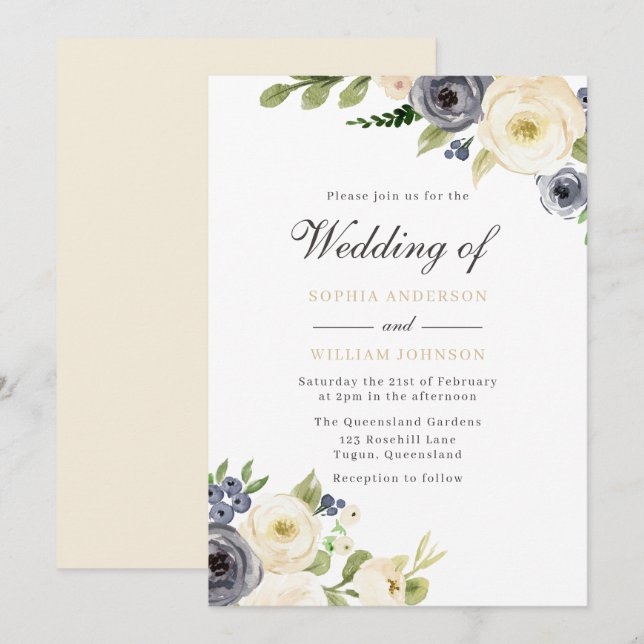 Weiß & Navy Elegante Rose Hochzeiten Einladung (Vorne/Hinten)