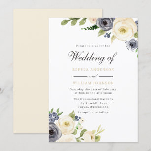 Weiß & Navy Elegante Rose Hochzeiten Einladung