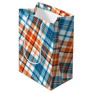 Weiß Orange Blau Kariertes Tartan Design Mittlere Geschenktüte