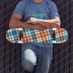 Weiß Orange Blau Kariertes Tartan Design Skateboard