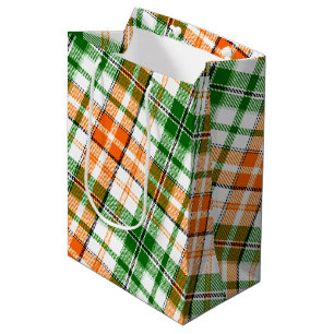 Weiß Orange Grün Kariertes Tartan Design Mittlere Geschenktüte
