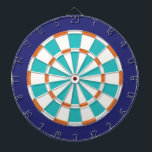 Weiß, orange, türkis und Marine Dartscheibe<br><div class="desc">Weiß, orange, türkisfarben und blau gefärbtes Dart Board-Spiel mit 6 Messingdarbietungen</div>