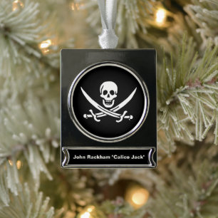 Weiß, Piratenflagge Calico Jack, Skull & Cutlass Banner-Ornament Silber