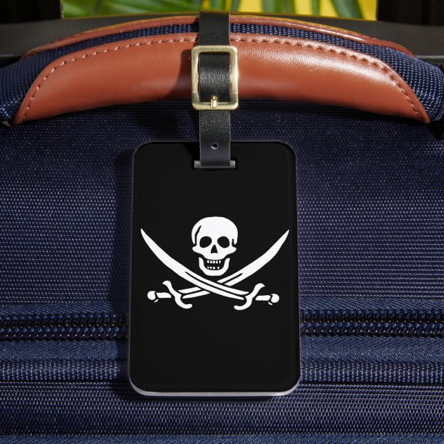 Weiß, Piratenflagge Calico Jack, Skull & Cutlass Gepäckanhänger (Vorderseite Insitu 2)