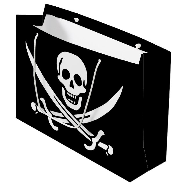 Weiß, Piratenflagge Calico Jack, Skull & Cutlass Große Geschenktüte (Vorderseite Schrägansicht)