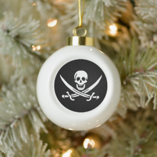 Weiß, Piratenflagge Calico Jack, Skull & Cutlass Keramik Kugel-Ornament