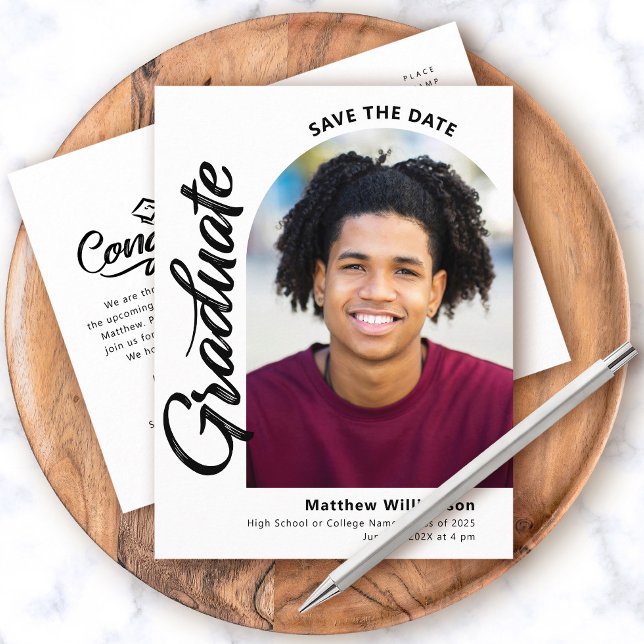 Weiß Rett Date Abschluss Foto Schwarzes Skript Einladungspostkarte (Von Creator hochgeladen)