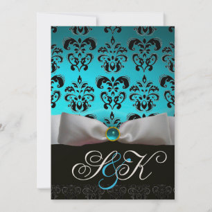WEISS RIBBON AQUA BLUE BLACK DAMASK MONOGRAMM EINLADUNG