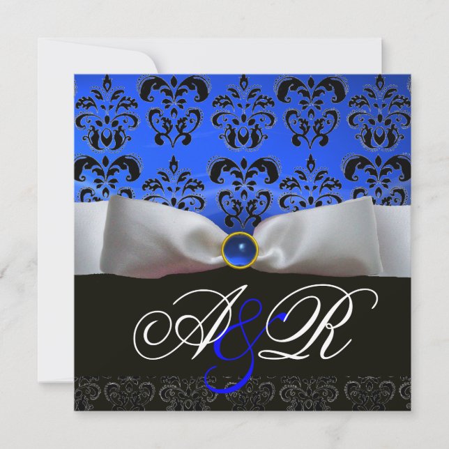 WEISS RIBBON BLAUE SAPPHIRE BLACK DAMASK MONOGRAM EINLADUNG (Vorderseite)