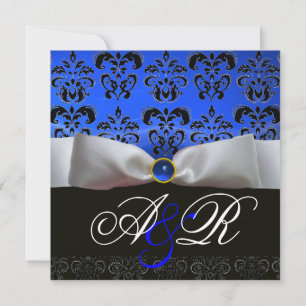 WEISS RIBBON BLAUE SAPPHIRE BLACK DAMASK MONOGRAM EINLADUNG