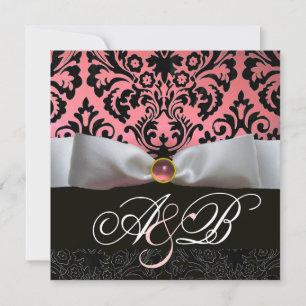 WEISS RIBBON PINK SCHWARZES DAMASK-MONOGRAMM EINLADUNG