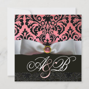 WEISS RIBBON PINK SCHWARZES DAMASK-MONOGRAMM EINLADUNG