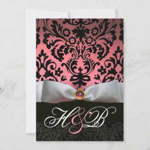 WEISS RIBBON PINK SCHWARZES DAMASK-MONOGRAMM EINLADUNG