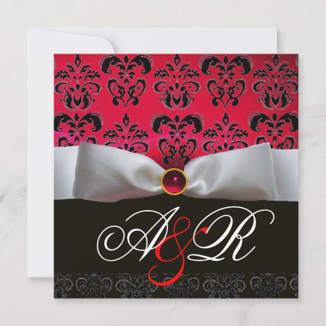 WEISS RIBBON RED BURGUNDY BLACK DAMASK MONOGRAMM EINLADUNG (Vorderseite)