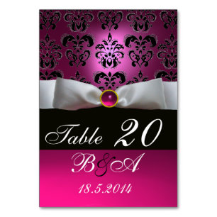WEISS RIBBON, SCHWARZPINK FUCHSIA DAMASK MONOGRAMM TISCHNUMMER
