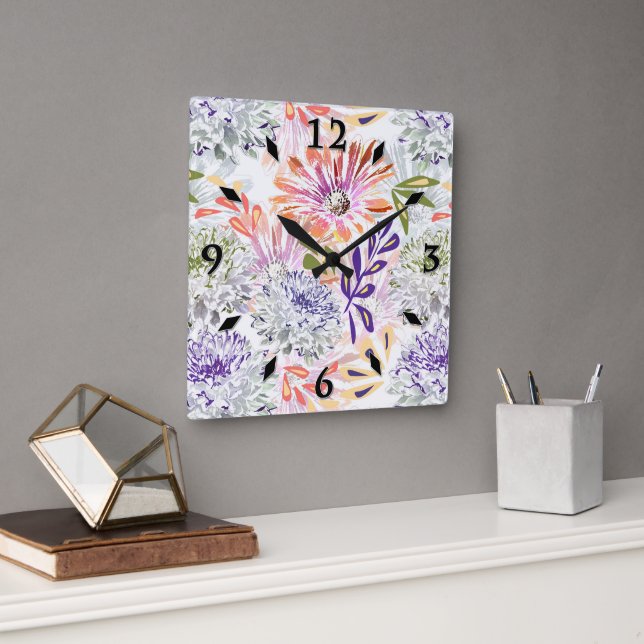 Weiß, rosa Blume Quadratische Wanduhr (Büro)