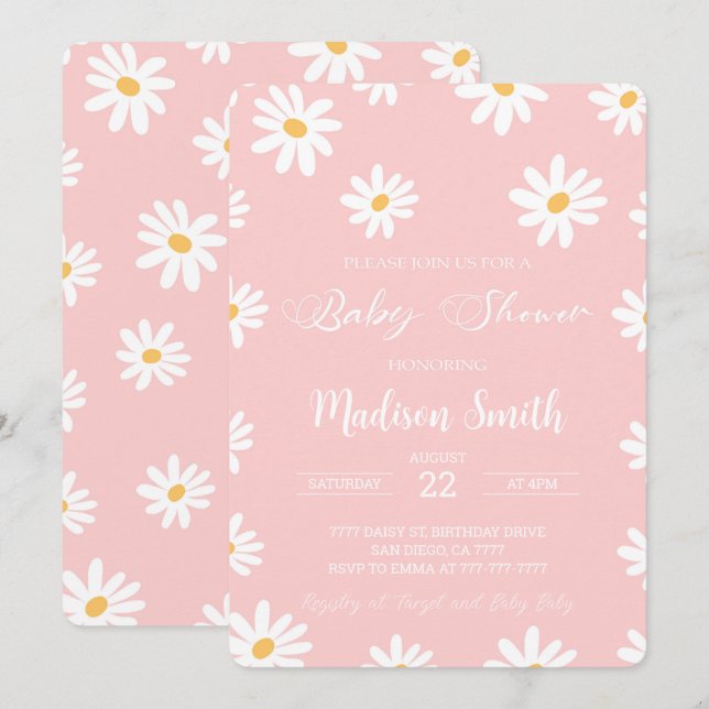 Weiß & rosa Floral Daisy Babydusche Einladung (Vorne/Hinten)