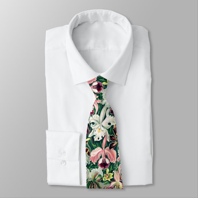 Weiß rosa Gelbgrün-Orchideenmuster Krawatte (Gebunden)